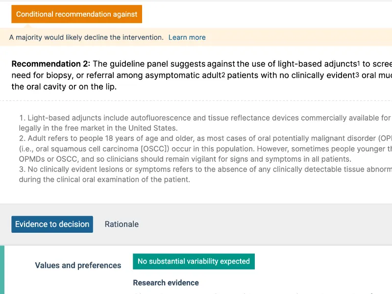 Image of a recommendation with conditional level of evidence and the evidence to decision tab showing